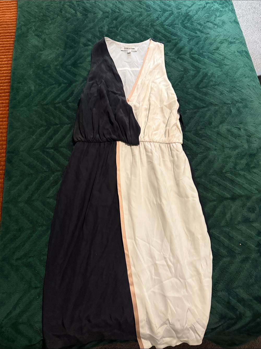 Black & Cream Colorblock Sleeveless Midi Dress with Peach Trim